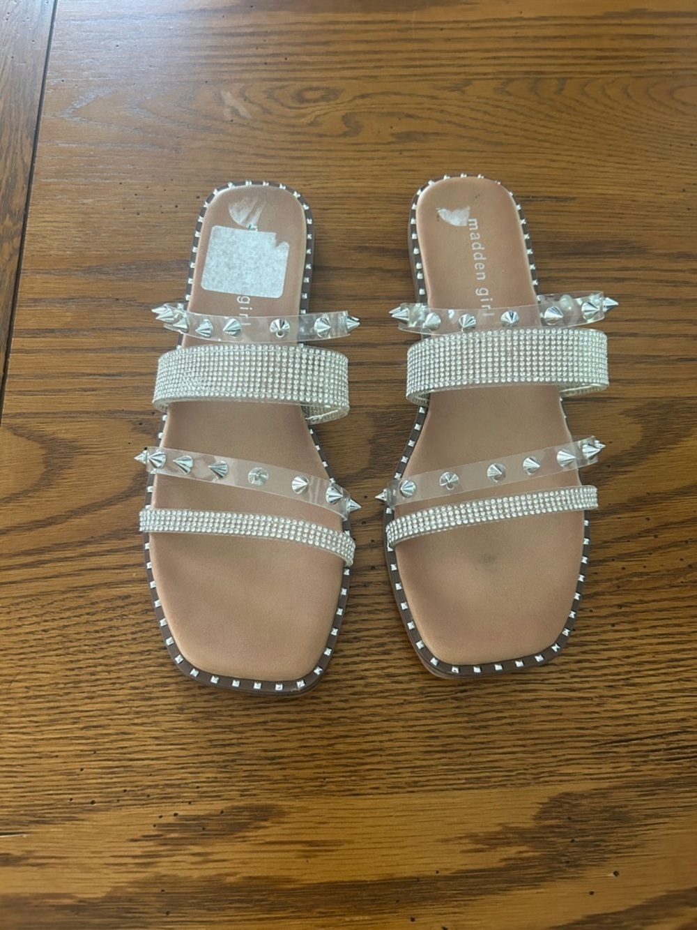 Madden Girl Silver Rhinestone & Stud Slide Sandals/9